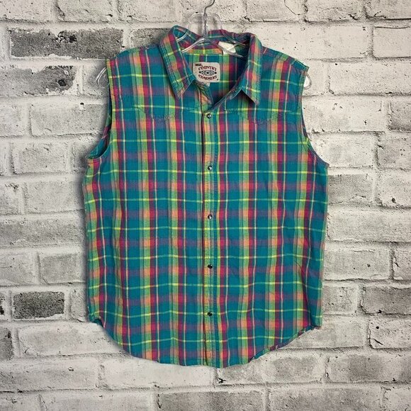 Ely Vintage Pearl Snap Plaid Sleeveless Button Down Western Shirt - Picture 1 of 8
